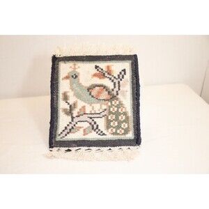 Vtg Doll House Rug Handmade Bird Design Fringed Rectangle Rug Minature 7" x 5.5"